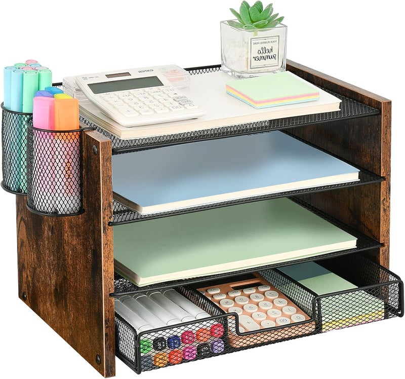 OPNICE OPNCIE Desk Organizer and Accessories, 4-Tier Paper Letter Tray File Organizer with Drawer & 2 Pen Holder, Office Desk Accessories Workspace Desktop Organizer for Office Supplies(Brown) - Image 1